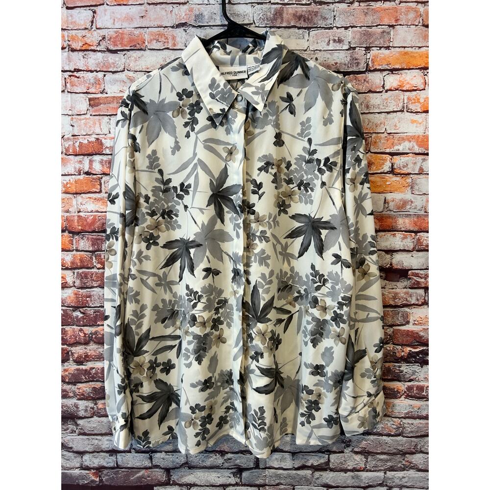 Alfred Dunner cream gray long sleeve floral button up blouse top womens size 20W